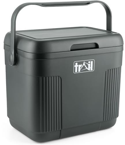 Trail 22L Cool Box with Ice Freezer Blocks, Insulated Hard Cooler for Hot Cold Food Drink, Picnic Camping Beach Festival BBQs, Food Safe BPA HDPE Free Liner, 48hr Cooling Time (W42cm x D29cm x H37cm)