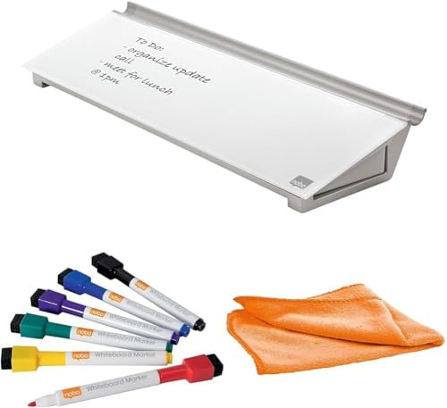 Nobo Set Glas-Whiteboard Desktop-Memoboard + 6er-Pack Mini-Marker + Microfaser Reinigungstuch, Trocken Abwischbare Glas-Oberfläche, Mit Aufbewahrungsschublade, 1905174 + 1903792 + 1905328