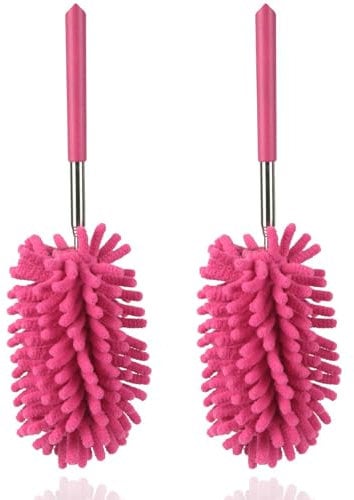 Plumero de microfibra para limpieza, plumeros con poste de extensión telescópico, mini plumero extensible lavable para suministros de limpieza de automóviles, ventanas, muebles, oficina (rojo rosa,