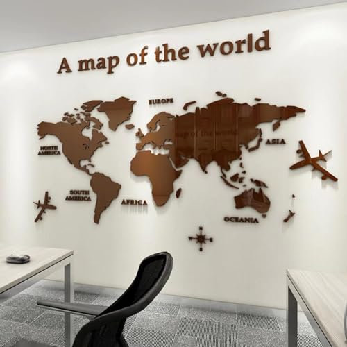 Shuanghao Wand Aufkleber Dekoration Wandbild Tattoo 3D Aesthetic Kunst Acrylglas Rubbel-Weltkarte World a Map of the Wall Spiegel Wand Dekoration Aufkleber für Wohnung Zimmer Modern Braun Klein