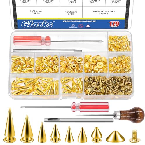 Glarks 355pcs Golden Punk Spikes und Studs Kit, 7-Größen Zink Legierung Kegel Spike und Niete, Metall Leder Baum Spikes Studs mit Kratzer Awl Schraubendreher Punch