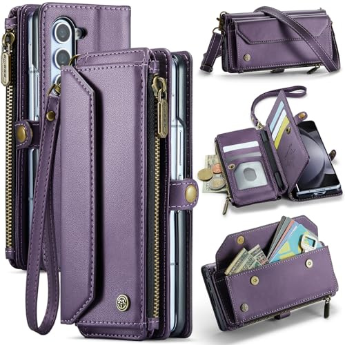 XIMAND für Samsung Galaxy Z Fold 6, Brieftaschen-Hülle mit 6 Kartenfächern, RFID-blockierendem Magnetverschluss, Reißverschluss, Geldscheinfach, mit Crossbody-Armband und S-Pen-Halter – Lila