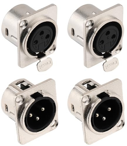 Greluma 4 pièces Connecteurs XLR mâle/femelle, fiche/prise à 3 broches pour montage sur panneau pour microphone et haut-parleur, contacts en cuivre nickelé, boîtier en métal