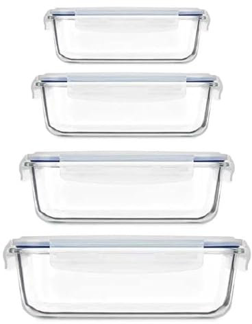Fiambreras de Vidrio Borosilicato, 4 Piezas, 370 ml, 640 ml, 1 l, 1,5 l, Herméticas, Aptas para Microondas, Horno, Congelador, Lavavajillas, Tapa Plástico y Silicona. Set de 4 Recipientes - Tuppers.