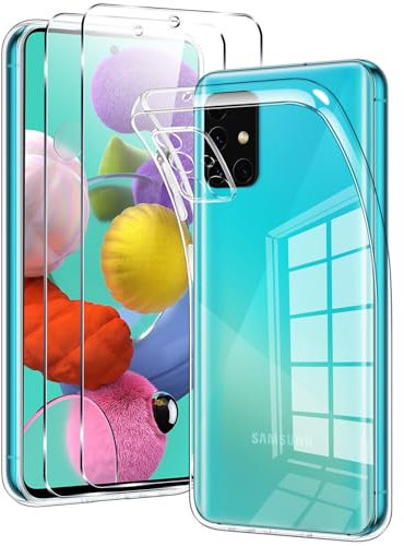 Votvloay Transparent Coque pour Samsung Galaxy A51 4G 6,5 avec 2 Verres Trempés, Étui de Protection Antichoc Anti Rayures Housse, Mince Souple TPU Silicone Case Cover pour Samsung A51 4G, Clear