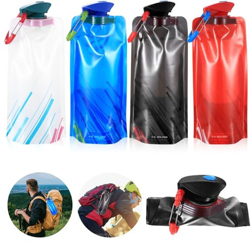 BieMian 4 Stück Faltbare Trinkflasche 700ml, Faltbare Wasserflaschen, Faltbarer Trinkflaschen Faltbar, Wiederverwendbare Zusammenklappbare Faltbare Flasche mit Karabiner für Wandern Laufen Reisen