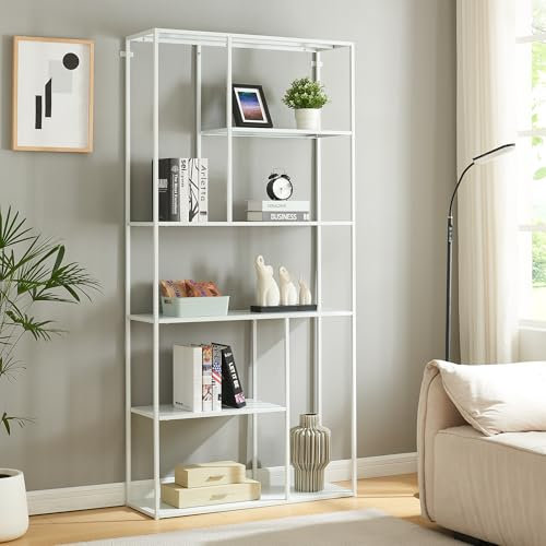 [en.casa] Étagère Autoportante Bibliothèque Style Intemporel Industriel Meuble de Rangement Design pour Salon Chambre Bureau Acier 188 x 90 x 30 cm Blanc