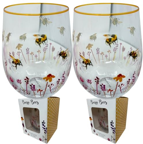 HTUK Elegant Cocktail Glass Tumblers Busy Bees Stemless Gin Tumbler Set Gin Cocktail Glass Tumbler 2 Pack – Perfect for Gin, Cocktails, and Everyday Drinks