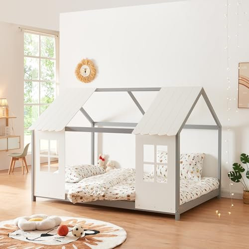 [en.casa] Kinderbett Tostedt Hausbett Jugendbett Bettenhaus Spielbett Halboffenes Design Montessori Bett aus massiver Kiefer Bettgestell Holz 120x200cm Grau/Weiß