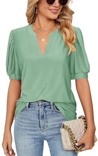 Ritiriko V-Ausschnitt Dot Sommer Damen T-Shirt Mode Blase Ärmel Damen Tops Elegant Solide Farbe Bluse Bohne Grün XL