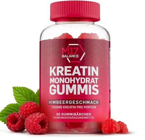 Creatin Monohydrat Gummibärchen - 5000 mg Kreatin mit BCAAs & L-Carnitin pro Dosis - Für Muskelaufbau - Zuckerfrei, Anti-Schmelz-Formel, Vegan, Glutenfrei - 30 Portionen (90 Stück, Himbeere)