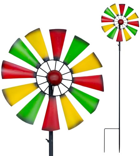 Buntes Metall Windrad mit Erdspieß - 126 cm x 33 cm - Gartenstecker Windspiel für Terrasse und Garten - Deko Blumenstecker Beetstecker Windmühle wetterfest