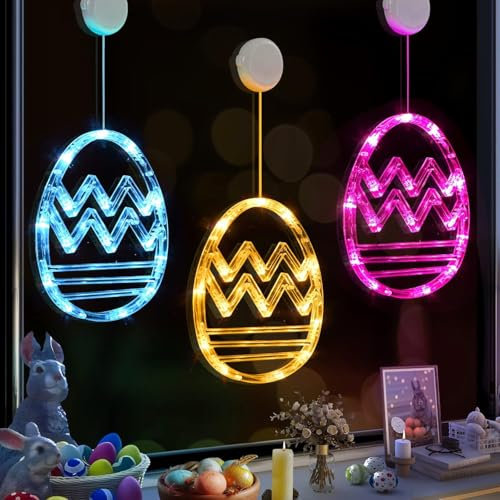 3 Stück Osterdeko Led Fenster Licht, Ostern Deko LED Lichterkette Osternhasen Fensterlichter mit Saugnapf und Timer Batteriebetrie, Osterdeko Für Draußen & Innen, Zuhause Party (A)