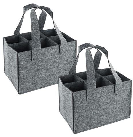 Kioiner 2 Pieces Wine Bag, Men's Wine Bottle Carriers, Bottle Carrier Felt Bag with 6 Compartments for Father's Day, Beer Festival, Party, Travel, Picnic, 24 x 18 x 16 cm (Gray)