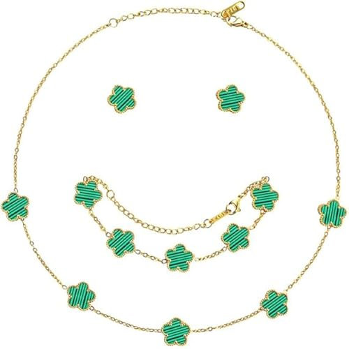 XIWCAFC Four-Leaf Clover Jewellery Set for Women 18K Rose Gold Pendant Necklace Stud Earrings Bracelet Set Lucky Double-sided Clover Jewellery Sets Gifts for Her BFF Birthday (Green)