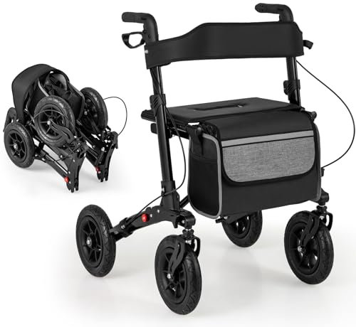 HOMASIS 2 en 1 Déambulateurs 4 Roues Pliable Léger-Facile à plier-Siège réglable en hauteur sur 7 Positions, Fauteuil Roulant,Aides à la Marche pour Handicapés,Personnes âgées,Charge 140 kg (noir)