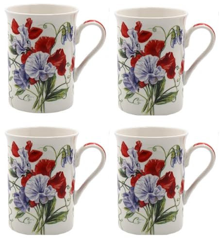 Tamersgifts Fine China Floral Mugs, Set of 4, 300ml Capacity, 10cm Height, Traditional Design, Dishwasher Safe (4 Sweet Pea Coffee Mugs)