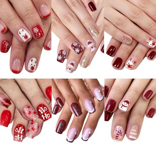 NICENEEDED 6 Set 146 Stück Weihnachts Press On Nägel Kurze Quadratische Künstliche Nägel Mit Schneeflocken Motiv Im Weihnachtsmann Elch Stil Rote Künstliche Nägel Mit Vollständiger Abdeckung