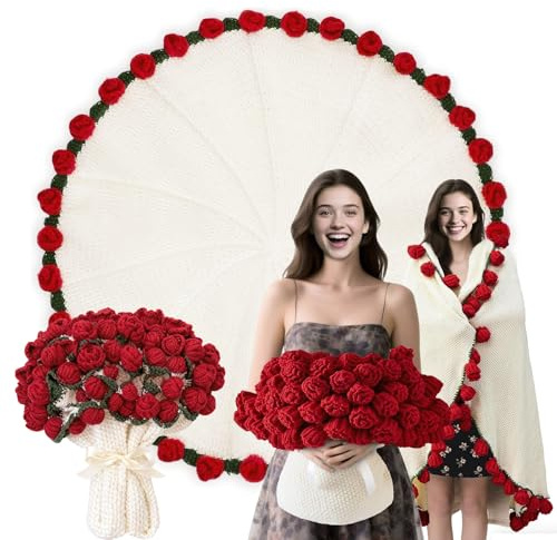 DoubleCare Fertige Rosenstrauß Häkeldecke, 110 cm Runde Handgemachte Blumenstrauß Decke, Mutter, Frau, Freundin, Schwester Zu Muttertag, Valentinstag, Geburtstag, Hochzeit & Weihnachten
