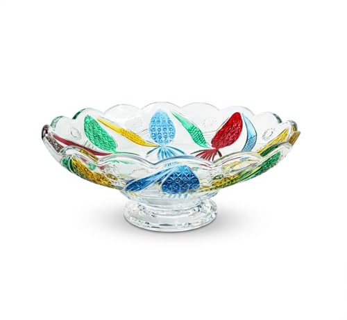 Puremagics Große handbemalte bunte Ananas Obstschale aus Kristallglas oval mit dekorativem Fuß 28 cm