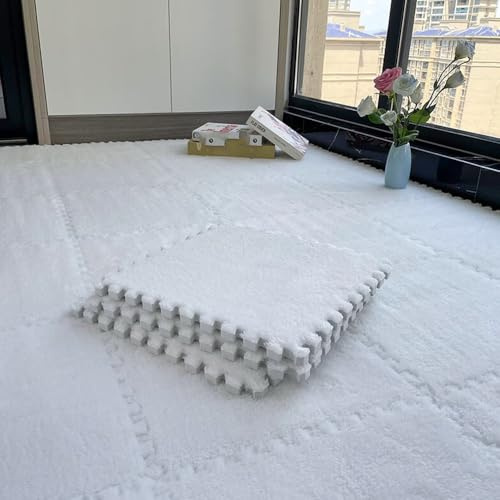 Hiseng 10 Stück Ineinandergreifende Teppichfliesen, Teppichfliesen Selbstliegend Puzzle Plüisch 30x30CM Bodenfliesen Ohne Kleben Puzzlematten für Schlafzimmer (Weiß,30 * 30cm)