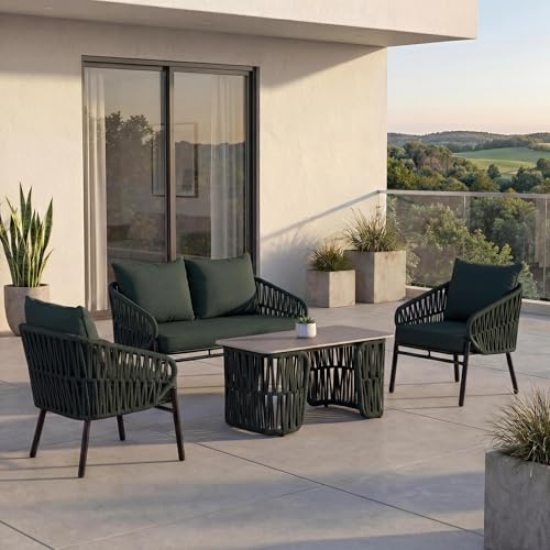 Mendler Gartengarnitur HWC-P90 Stoff/Textil - grün | Lounge-Set, Gartenlounge, Sofa, Sessel, Tisch, Seilgeflecht, Rope, (180g/m²)