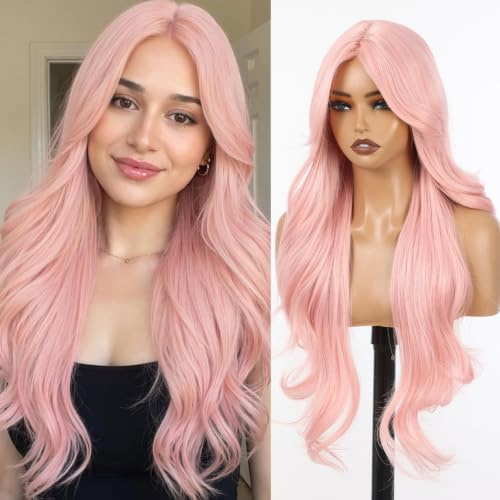 Allbell Pastell rosa syntetisk nätperuk för kvinnor, 71 cm långa våglockar peruk med gardinpony, naturligt mitt hårfäste limfri festival cosplay look