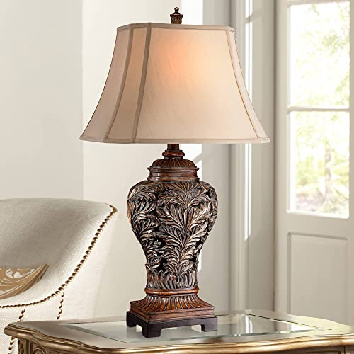 Barnes and Ivy Leafwork Vase 32 1/2 Tall Large Traditional End Table Lamp Brown Wood Finish Single Tan Rectangular Shade Cottage Core Living Room Bedroom Bedside Nightstand House Office Home