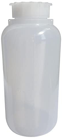 Bottiglia in plastica (PE), cilindrica a collo largo, capacità 1000 ml, chiusura con tappo a vite e sottotappo (inclusi)