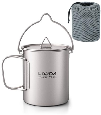 Lixada Campeggio Cucina,3 Pezzi Set di pentole Titanium 750 ml Pot, 420ML Cup Water Mug con Coperchio, Manico Pieghevole Pieghevole Spork per Outdoor Campeggio, 750ML Pot