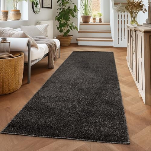 Carpettex Wohnzimmer Teppich Modern Design 80 x 250 cm - Kurzflor Küchenläufer Flur Anthrazit - Waschbar Extra Weich Flauschig - Bettvorleger Schlafzimmer