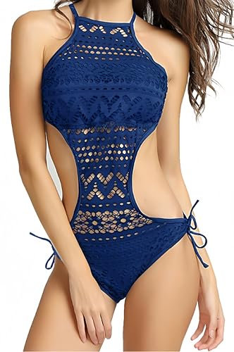 Ocean Plus Donna Costume Intero Pizzo Capestro Imbottito Costumi da Bagno Collo Alto Moda Mare (M/34, Blu Zaffiro)