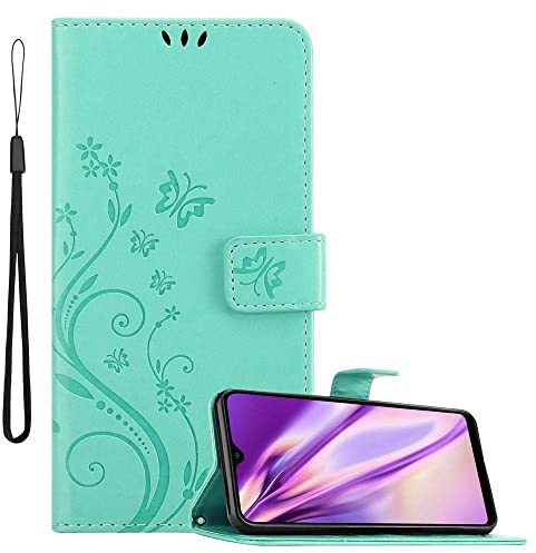 Cadorabo Hülle kompatibel mit Samsung Galaxy A10 / M10 Blumen Design aus Kunst Leder Flip Klappbare Magnetische [Standfunktion] [Kartenfächern] Cover Hülle für Galaxy A10 / M10 Tasche in Türkis