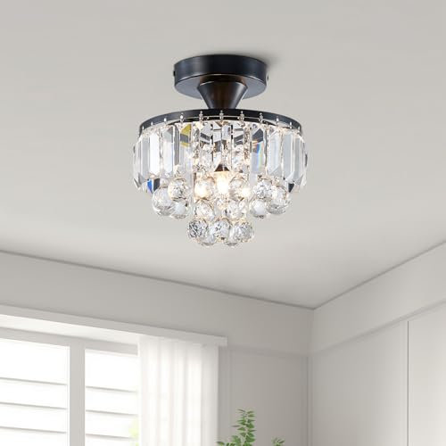 BESTIER Moderne Schwarz Kristall Halbbündige Kronleuchter Beleuchtung LED Deckenleuchte Leuchte Lampe für Esszimmer Badezimmer Schlafzimmer Wohnzimmer Durchmesser 23 Höhe 26