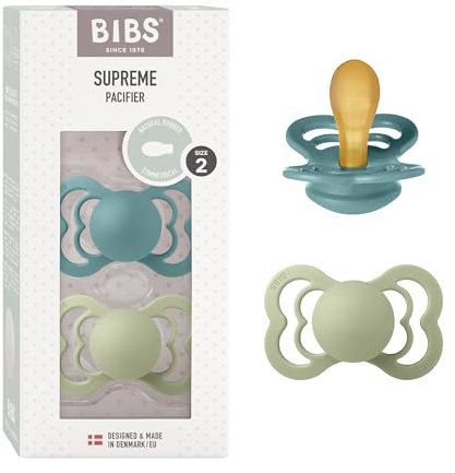 BIBS Ciuccio confezione da 2 pezzi. Privo di BPA, Tettarella simmetrica. Lattice di gomma naturale, Prodotto in Danimarca. Taglia 2 (6-18 mesi), Island Sea/Sage