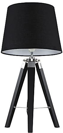 MiniSun | Black Wood and Silver Chrome Tripod Table Lamp with a Black Light Shade | Home Décor, Bedside & Desk Lamp