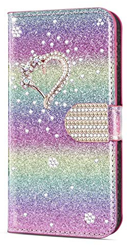 iPhone 13 Case, Glitter Diamonds Love Heart Bling Wallet Flip Case PU Leather Stand Magnetic Card Slots Bumper Shockproof Protective Phone Cover for iPhone 13 Case, Rainbow Pink