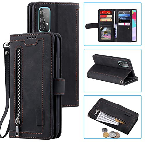 EYZUTAK Étui portefeuille pour Samsung Galaxy A52 / A52S 5G, rétro mat, 9 emplacements pour cartes, poche zippée, fermeture magnétique, béquille et dragonne - Noir