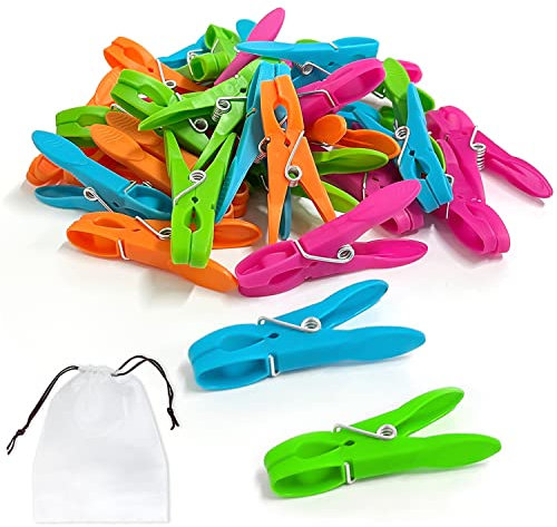 Lot de 36 Pinces à Linge en Plastique, Pinces à Chaussettes, Pinces à Serviette, Coupe-Vent et antidérapantes, mâchoires et Ressorts avec Une Forte Force de Serrage avec 1 Sac de Rangement