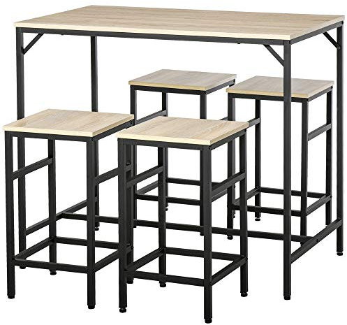 HOMCOM Set de Mesa de Bar y 4 Taburetes 5 Piezas con Reposapiés Juego de Muebles Altas con Mesa de 100x60x88 cm y Taburetes de 32x32x57 cm para Comedor Cocina Negro y Roble