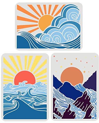 FINGERINSPIRE 3 Stück Sonne Meer Welle Berg Schablone 29.7x21cm Mond und Sternenhimmel Schablone Wiederverwendbare Vinyl-Schablone für die Malerei auf Holz Stoff Wand Möbel Karte machen Home Decor