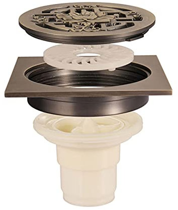 Quadratische Bodenablaufabdeckung für die Dusche, 10,2 cm, antikes Messing, Blumenkunst, geschnitzter Bodenablauf mit Ablaufboden, abnehmbare Flache Abdeckung für Zuhause, Balkon, Garage, Hotel