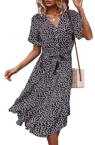 Jiraewh Damen Blumen Sommerkleid Knopf Kurzarm V-Ausschnitt Lose Knielang Kleid High Waist Midi-Hemdkleid Strandkleider Polka Dots Knopfkleid (3038-DB XL)