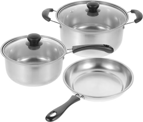 FUNOMOCYA Edelstahl 430 Kochgeschirr-set 3-teilig Suppentopf Bratpfanne Schmortopf Antihaftbeschichtung Leicht Zu Reinigen Und Wärmeleitung