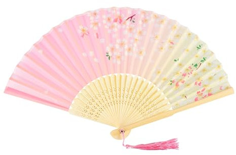 KEYIDO Pink Handheld Fan Folding Silk Fabric Hand Fans for Women Chinese Japanese Hand Fan Manual Fans with Tassel for Wall Decoration Wedding Dancing Cosplay