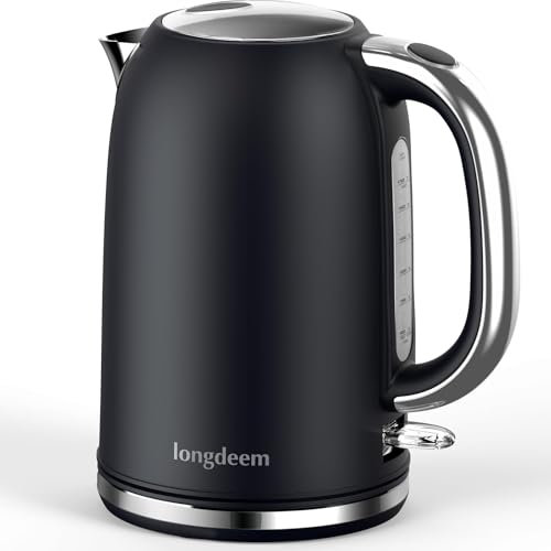 Electric Tea Kettle for Boiling Water, Wide Open Lid Stainless Steel Water Boiler, 3000W/1.7L for Coffee/Tea Brewing, Auto Shut Off & Boil-Dry Protection, Cordless Swivel Base & LED Indicator, Black