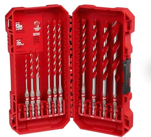 Milwaukee Shockwave Impact Duty 10Pc Carbide Hammer Drill Bit Set, ¼” Hex Shank, 4X Faster Drilling, Dynamic Cutting Edges, Faster Starts, Less Walking, Extended Life, for Concrete, Block & Brick