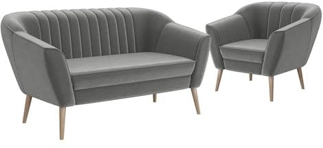 MEBLINI Mini Sofa Set 2-1 für Wohnzimmer - Mini Lounge für DREI Personen - Küchensofa - Sofa Klein - Sitzgarnitur - Polstergarnitur - Sofagarnituren - KAIA - 2+1 - Hellgrau Samt