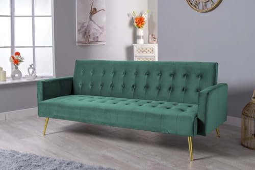 Sleep Factory's Modern Buttoned Velvet Sofa Bed 3 Seater Click Clack Sofa Settee Recliner Couch with Metal Golden Legs - Green