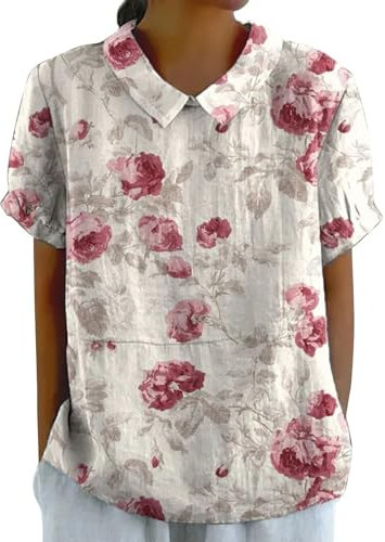 HOOUDO Sonderangebote Schnäppchen Damen Leinen Art Floral Rundhals Lose Pullover Top Freizeithemd T-Shirt Baseball Shirt Muselinbluse Damen Transparentes Oberteil Sommer Cl Sale Angebote Bestellung
